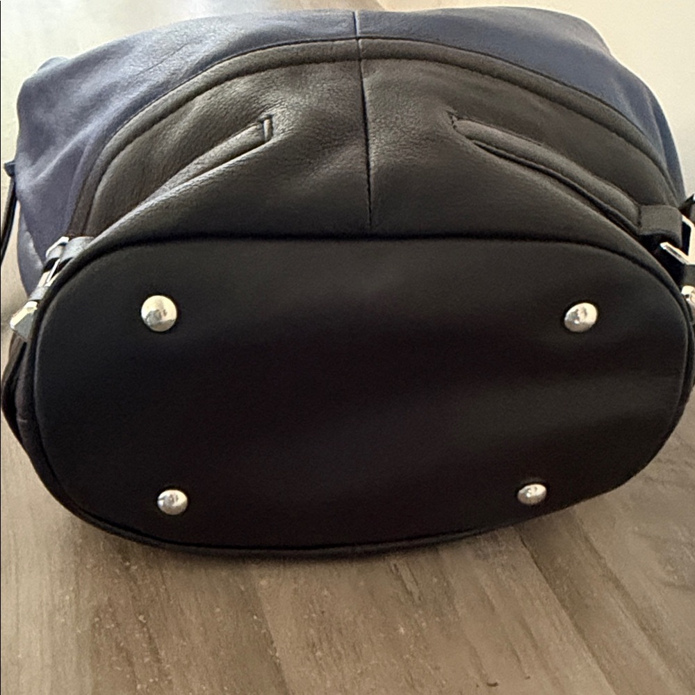 Navy Blue and Black Leather Hobo Handbag - Picture 3 of 6